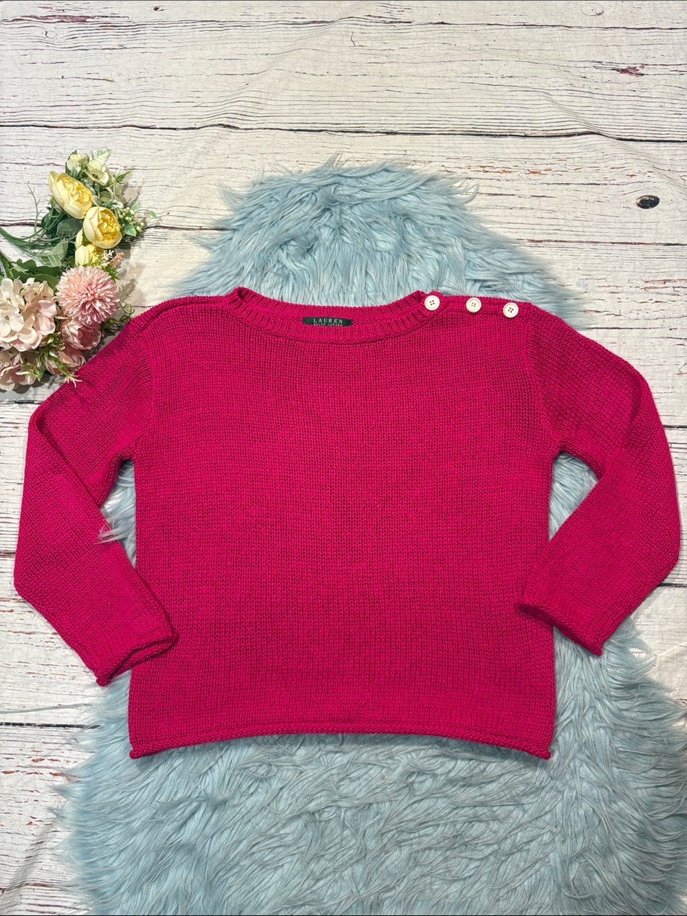Lauren Ralph Lauren Open Knit Bright Fushia Button Detail Boatneck Sweater